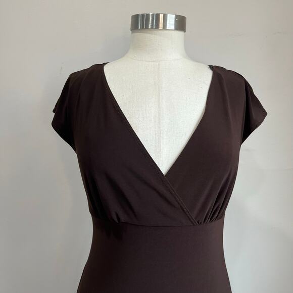 Y2K DressBarn Chocolate Brown Slinky Midi Dress 10 Stretch V Neck Elegant - Picture 7 of 8